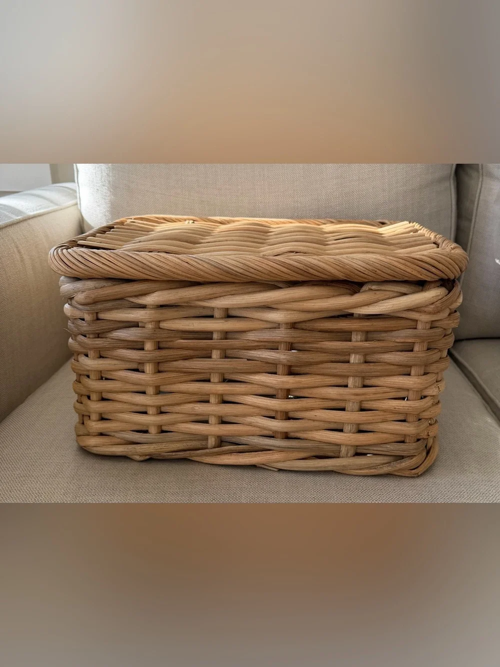 POTTERY BARN Aubrey Woven Lidded Basket Rattan Storage With Lid Natural Handles
